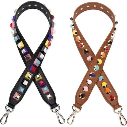 New 2020 Soft leather bag strap color rivet handbags belts floral patchwork women bags strap handle accessory bag parts