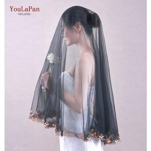 YouLaPan V57 Black White Lace Bridal Veils 1.6M Length Elegant Vintage Wedding Veils for Bride Cosplay Costume Hair Accessories