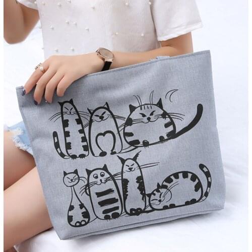 Women Cute Cartoon Cat Print Canvas Shoulder Bag Zipper Casual Tote Shopping Handbag NIN668