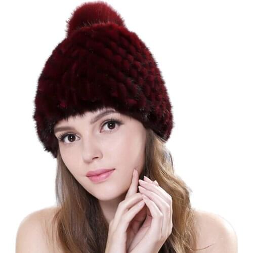 Womens Winter Fur Hat Natural Fur knitted Cap Pompom Mink Hats With Balls Stylish Warm Fashion Female Beanies S2537