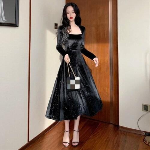 ZC2616 spring autumn 2020 new women fashion temperament elegant flash velvet black dress cheap wholesale
