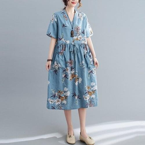 Plus Size Women Cotton Linen Long Dress New Arrival 2021 Summer Vintage Style V-neck Floral Print Female Casual Dresses B156