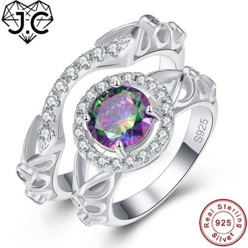 J.C Round Cut Rainbow & White Topaz 925 Real Silver Ring Size 6 7 8 9 Dazzling Women Wedding Enagement Fine Jewelry Ring Set