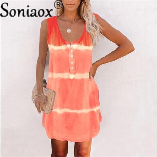 Casual Loose Women Dress V Neck Tie Dye Striped Sleeveless Dress 2021 Summer New Buttons Dresses Beach Mini Dress For Ladies