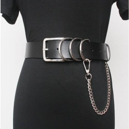 Womens runway fashion metal chain genuine leather Cummerbunds female Dress Corsets Waistband Belts decoration wide belt R3182