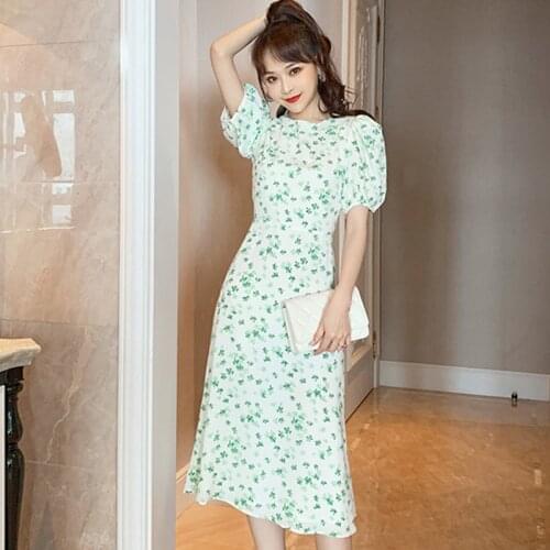 Fashion Summer Korean Vintage Puff Sleeve Midi Party Dress Ladies Elegant Robe Coffee Break Casual Floral Chiffon Beach Dress