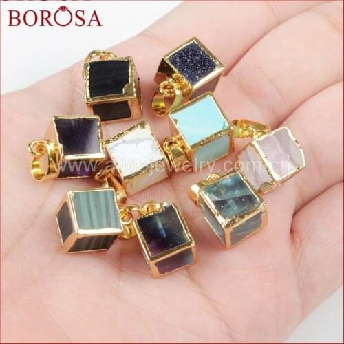 BOROSA Multicolor Drusy Stones Cube Shape Gold Pendant Beads,Fashion Multi-kind Stone Gems Pendant for Necklace WX057