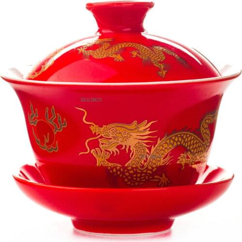 Hand Painted Red Dragon Gaiwan Tea Set Teaware,kung Fu Teacup Hand-painted Tea Bowl Tea Set Gai Wan Bowl Porcelain Cup