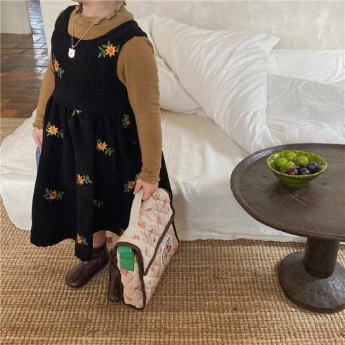 2021 Fall Girls Embroidered Flowers Corduroy Strap Dresses Children Kids Retro Vest Cotton Casual Sleeveless Princess Dress
