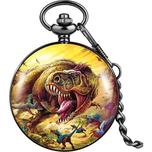 Men Classic Black Quartz Pocket Watch Roaring Dinosaur King Pattern Digital Clear Dial Durable Case Flip Pocket Watch Pendant