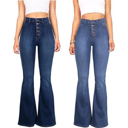 Women Single Breasted Elastic High Waist Flares Jeans Slim Denim Pocket Button Street New Casual Bugle Pant Jeans Bell Bottoms