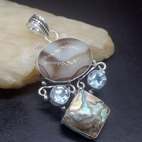 Gemstonefactory Jewelry Big Promotion 925 Silver Botswana Agate Topaz Abalone Shell Women Ladies Mom Gifts Necklace Pendant 0379