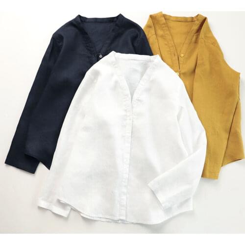 Pure linen V-neck long-sleeved cardigan Loose and simple thin shirts Spring/Summer 20210203