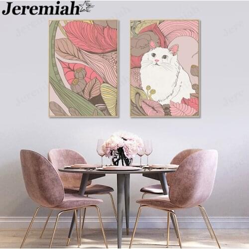 Cartoon Cat Canvas Painting Line Simple Animal Fish Flower Poster Wall Art Nordic Childrens Room Home Decoration Accessories