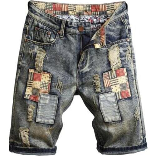 New Mens male fashion casual summer patchwork ripped shorts Plus size knee length patch design holes distressed denim jeans