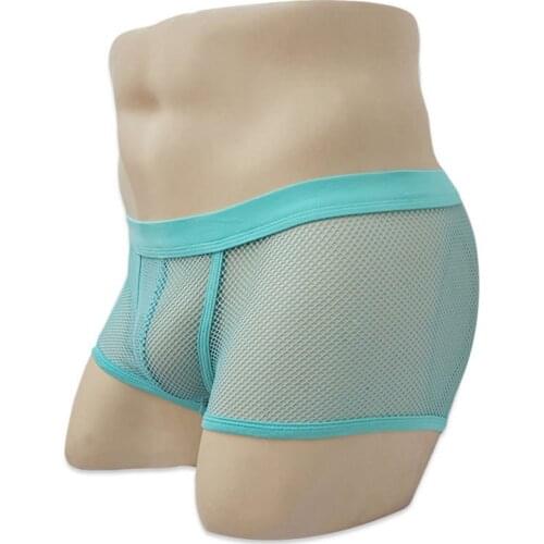 Mens Boxer Shorts Sexy Mesh Hollow Out Transparent Underwear U Convex Perspective Gay Boxersshorts Cueca Bodysuit Trunks Pant