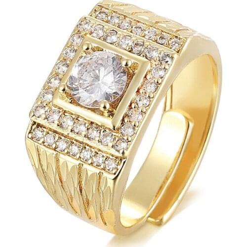 Cubic Zirconia Ring Gold Color Wedding Jewelry Male Engagement Ring Resizeable To 7-11 Finger Jewelry
