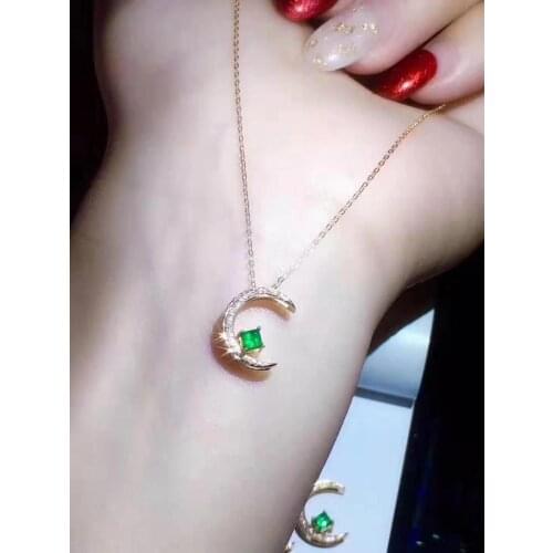 Natural Emerald Gemstone Moon Pendant Necklace S925 Silver Luxurious Fashion Fine Jewelry for Women Free Shipping MeibaPJFS