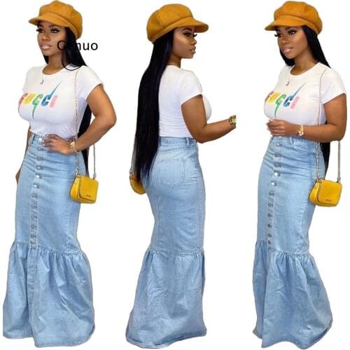 Casual High Waist Long Denim Skirt Women Elegant Front Button Maxi Jean Skirt Fashion Ladies Light Blue Ruched Skirt