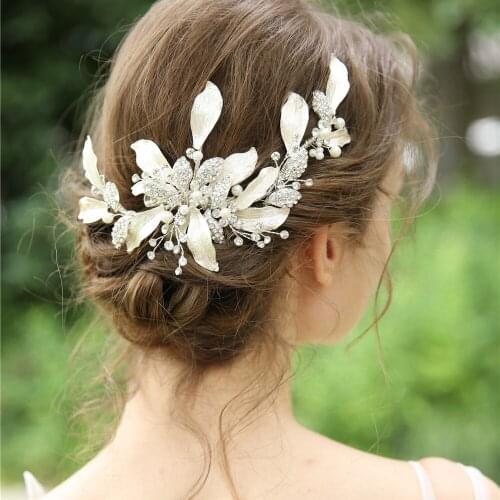 Silver Color Leaf Headband Pearl Rhinestone Tiara Headband Hair Vine Headpiece Wedding Hair Accessories Hair Clip Headband