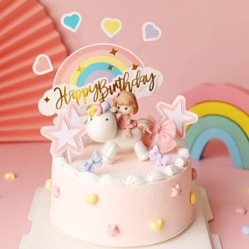 Lovely Unicorn Pink Cake Topper Girl Happy Birthday Party Baby Kid Anniversary Star Flag Baby Shower Cakes Decoration Gifts