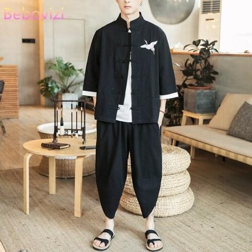 Plus Size M-5XL Cotton Linen Black Embroidery Hanfu Sets Kung Fu Chinese Style Suit Men Traditional Tang Tops + Pants Clothes