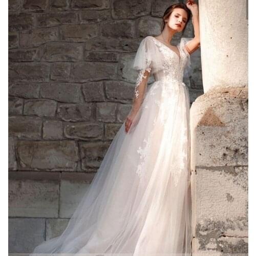 Romantic Wedding Dress Champagne Beaded A-Line Long Sleeve V-Neck Princess Lace Appliques robe de mariage Bridal Gown Custom New