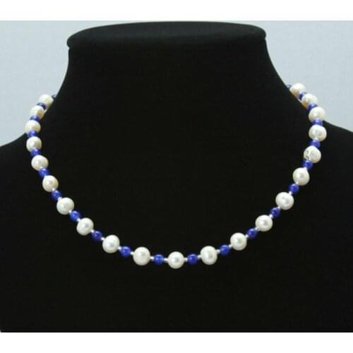 Hand Knotted beautiful 3 color 7-8mm natural white fresh water pearl &4mm yellow red blue stone necklace 45cm fashion jewelry