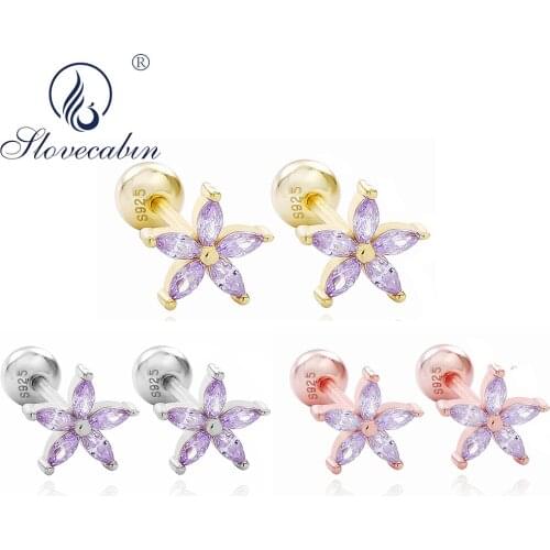 Slovecabin Real 925 Sterling Silver Purple Crystal Star Stud Earrings For Women Korean Party Jewelry Making Supplies Female Gift