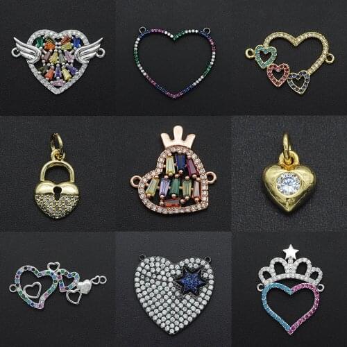 Gorgeous Diy Double Heart CZ Charms Wholesale Lock Key Necklace Pendant Zircon Angel Wings Connector For Jewelry Crown Making