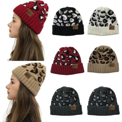 Knitted Leopard Beanie Winter Casual Outdoor Sports Hat Fashion Adult Fall Thick Warm Soft Bonnet Skullies With Leather Tag
