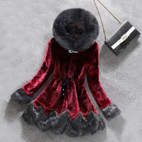 Red Wine Faux Fur coat Women 2021 Autumn Winter Mink Coats Fox fur collar Hooded Jacket Plus Size 6XL top Fur Coats female X933