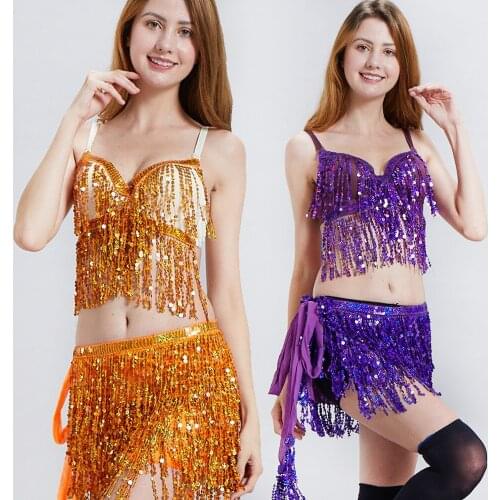 Belly Dance Costumes Forwomen Indian Bellydance Skirt Sequin Fringes Ladies Hip Belt + bra Set For Girls Dancing Dress Dancewear