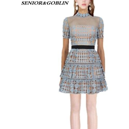 Vintage 2019 New Self Portrait Dress Summer High Quality Blue Lace Dress Women Sexy Floral Hollow Out Party Dress Mini Vestidos