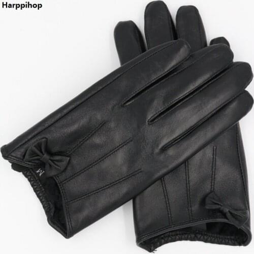 Harppihop Winter Genuine Leather Gloves Women Short Red Black Green Ladies Glove New Brand Bowknot sheepskin Mittens Guantes