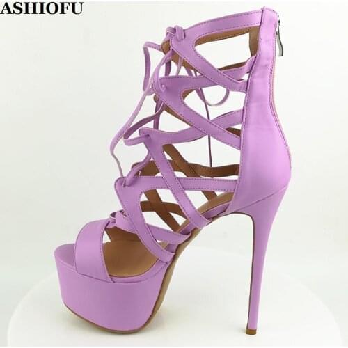 ASHIOFU New Handmade Women High Heel Sandals Cross-strap Shoelace Sexy Party Prom Shoes Night-club Evening Fashion Sandals Shoes