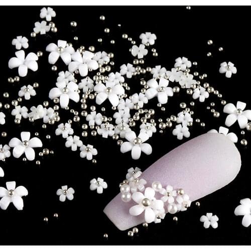 White Acrylic Flowers Nail Art Decorations Mixed Caviar Beads 3D Nail Art Rhinestone Korea Japan Kawaii Petal Nail Accessories