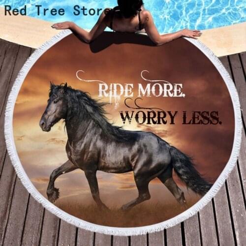 Horse Printed Animal Design Large Round Beach Towel Microfiber Fabric Bath Towels Yoga Mat Blanket Cover With Tassel Dropshiping