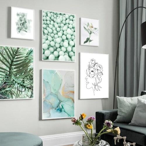 Palm Leaf Lily Flower Line Woman Marble Abstract Wall Art Prints Canvas Painting Nordic Poster Decor Pictures For Living Room