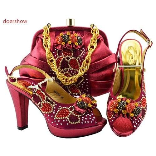 Doershow talian Shoes and Bag Set wine Color Women Shoes and Bag Set In Italy African Shoes and Bag To Match for Party SFG1-18