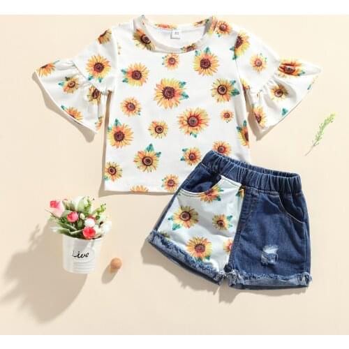 FOCUSNORM 1-6Y Summer Kids Girls Lovely Clothes Sets 2pcs Sunflowers Printed Flare Sleeve T Shirts Tops Denim Shorts