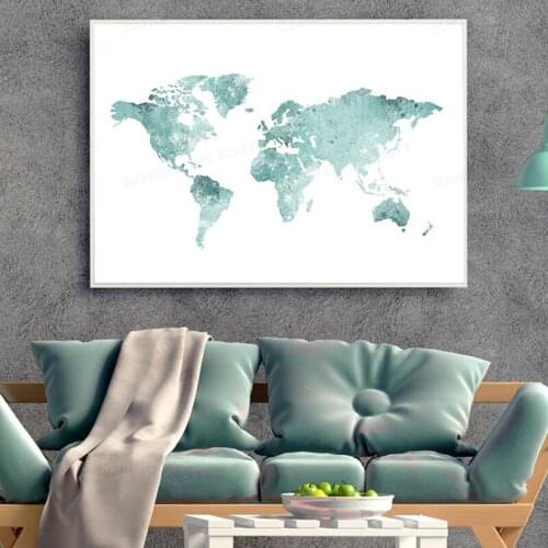 World Map Hanging Painting Mint Green Decoration Painting Living Room Home Canvas Poster Decoration Light Color Wall Art