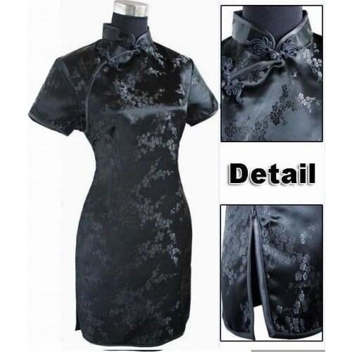 Black Chinese Style Short Cheongsam Traditional Womens Satin Mini Qipao Dress Vestido Clothing Plus Size S-6XL