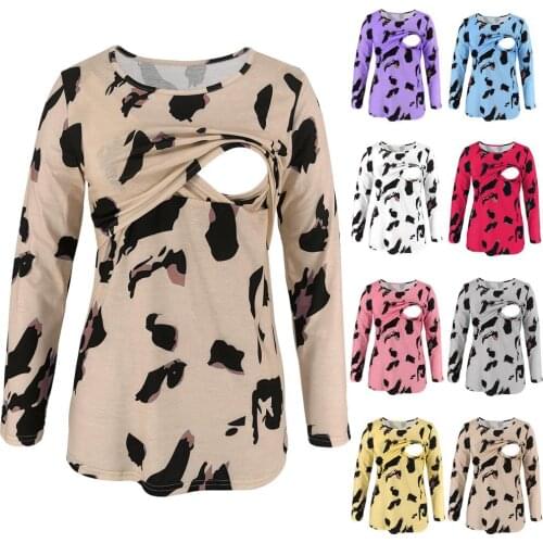 Leopard Print Long Sleeve Round Neck Maternity Nursing T-shirt Pregnancy Women Feeding Tops Clothes For Pregnant Mother Blouses