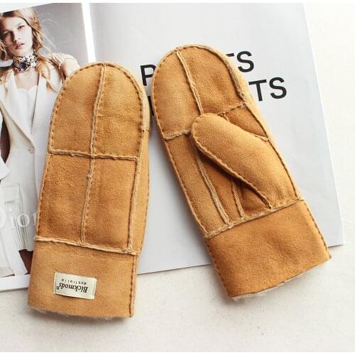New Unisex Leather With Fur Gloves Two Colors Black Light Brown Fashion Striped Style Wool Lining Winter Warm Sheepskin Gloves