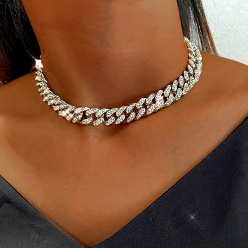 BYNOUCK Miami Cuban Link Chain Gold/Silver Color Choker Necklace Female Iced Out Bling Bling Rhinestone Necklace HipHop Jewelry
