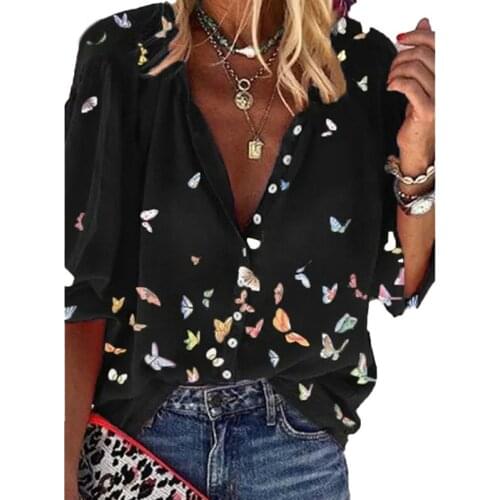 Spring Summer Butterfly Print Women Clothes Long Sleeve Office Lady Shirts Tops Female Casual Plus Size Button Fashion Clothing