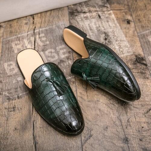 FIXSYS Summer Mens Slippers Fashion Slip-on Tassel Loafers Leather Casual Shoes Lightweight Mules Retro Half Shoes Man Sandals