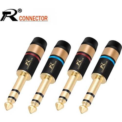10pcs 6.35mm Stereo Male Plug Wire Connector Gold Plated 6.35mm Jack 1/4" Stereo Guitar Plug Microphone Adapter 5Pairs Red+Blue