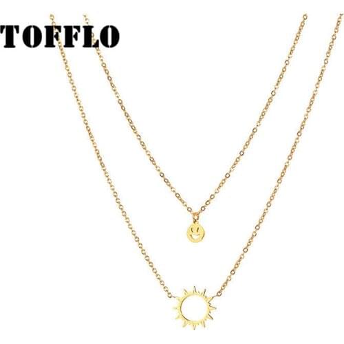 TOFFLO Stainless Steel Jewelry Sun Smiling Face Double Layered Necklace Womens Fashion Clavicle Chain BSP955